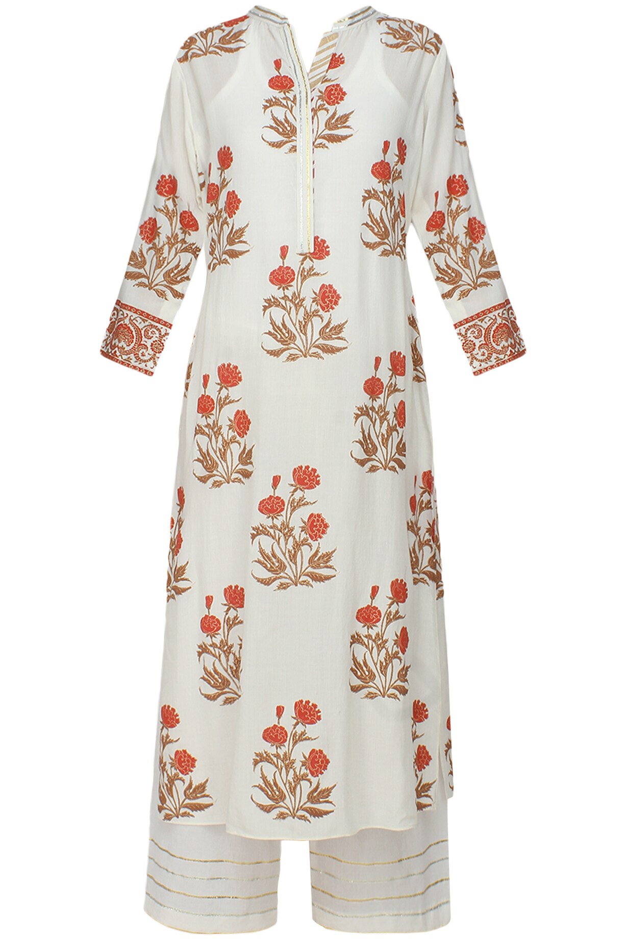 Ivory A line gulmohar motifs kurta with matching modal straight pants ...