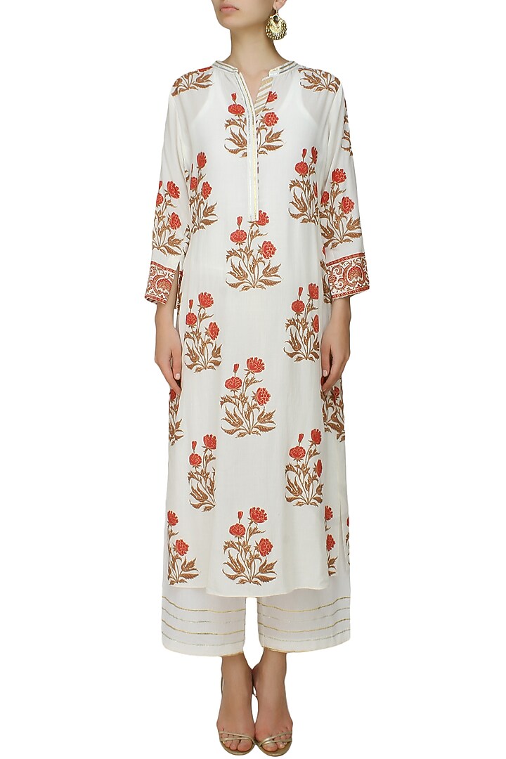 Ivory A line gulmohar motifs kurta with matching modal straight pants available only at Pernia's Pop Up Shop.