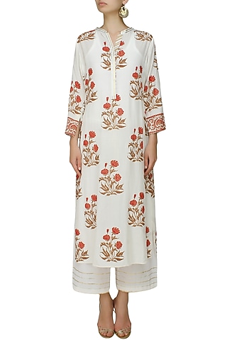Ivory A line gulmohar motifs kurta with matching modal straight pants by RAJH By Bani & Sheena