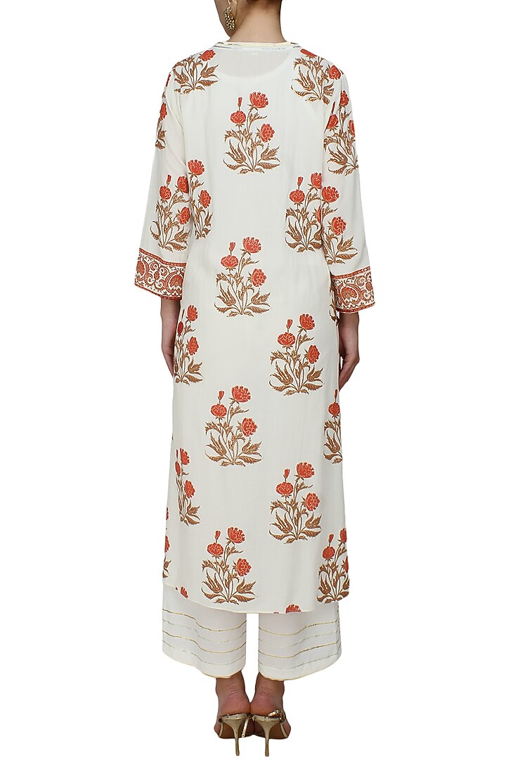 Ivory A line gulmohar motifs kurta with matching modal straight pants available only at Pernia's Pop Up Shop.