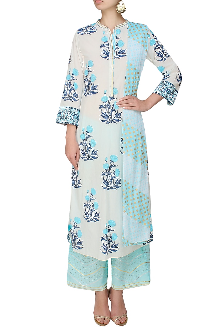 Ivory A line kurta with blue modal straight pants available only at Pernia's Pop Up Shop.
