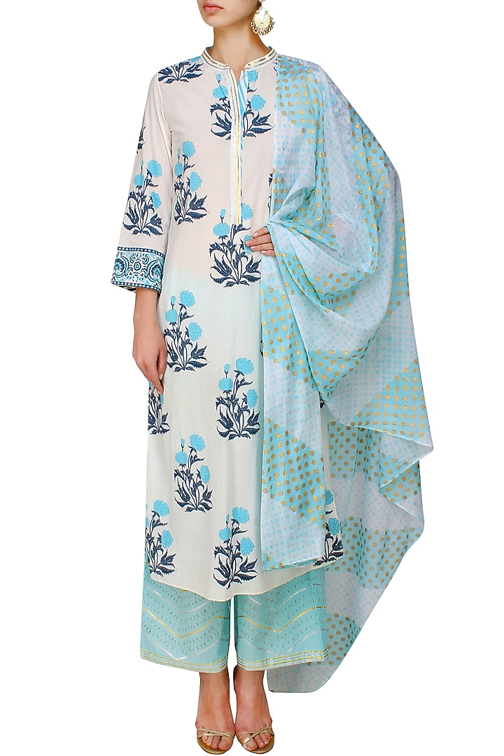 Ivory A line kurta with blue modal straight pants available only at Pernia's Pop Up Shop.