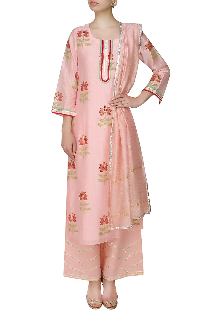 Light pink A line lotus motifs kurta with light pink straight pants and printed dupatta available only at Pernia's Pop Up Shop.