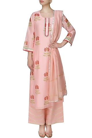 Light pink A line lotus motifs kurta with light pink straight pants and printed dupatta by RAJH By Bani & Sheena