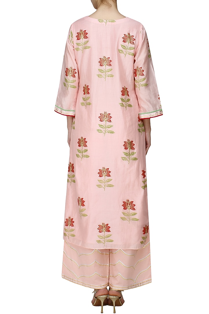 Light pink A line lotus motifs kurta with light pink straight pants and printed dupatta available only at Pernia's Pop Up Shop.