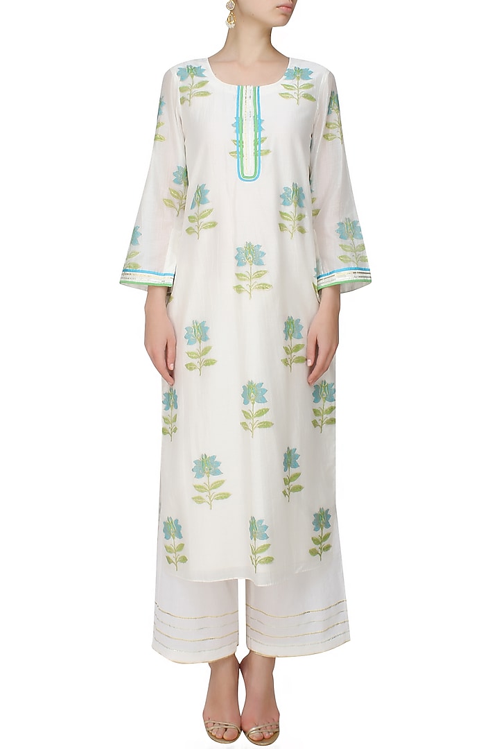 Ivory A line lotus motifs kurta with matching pants and printed chanderi dupatta available only at Pernia's Pop Up Shop.