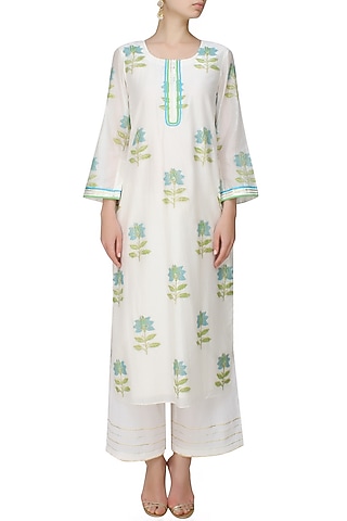 Ivory A line lotus motifs kurta with matching pants by RAJH By Bani & Sheena