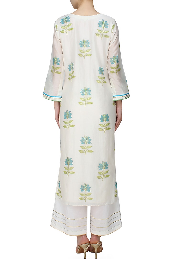 Ivory A line lotus motifs kurta with matching pants and printed chanderi dupatta available only at Pernia's Pop Up Shop.