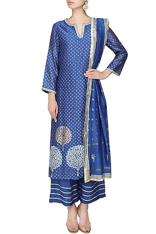 Blue A line kurta with straight pants and mokaish dupatta by RAJH By Bani & Sheena