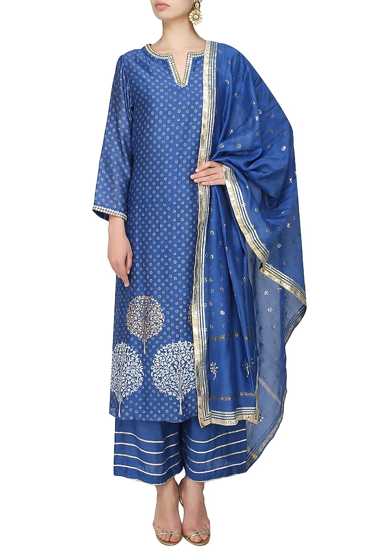 Azure A line kurta with grey straight pants and mokaish dupatta available only at Pernia's Pop Up Shop.