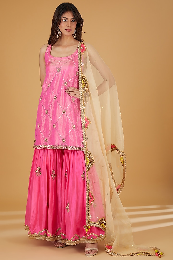 Hot Pink Silk Gharara Set by Raji ramniq