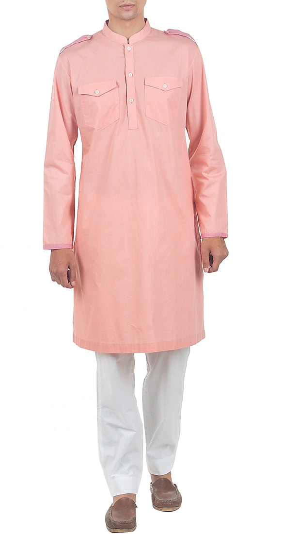 Orange and cream micro checked kurta available only at Pernia's Pop-Up Shop.