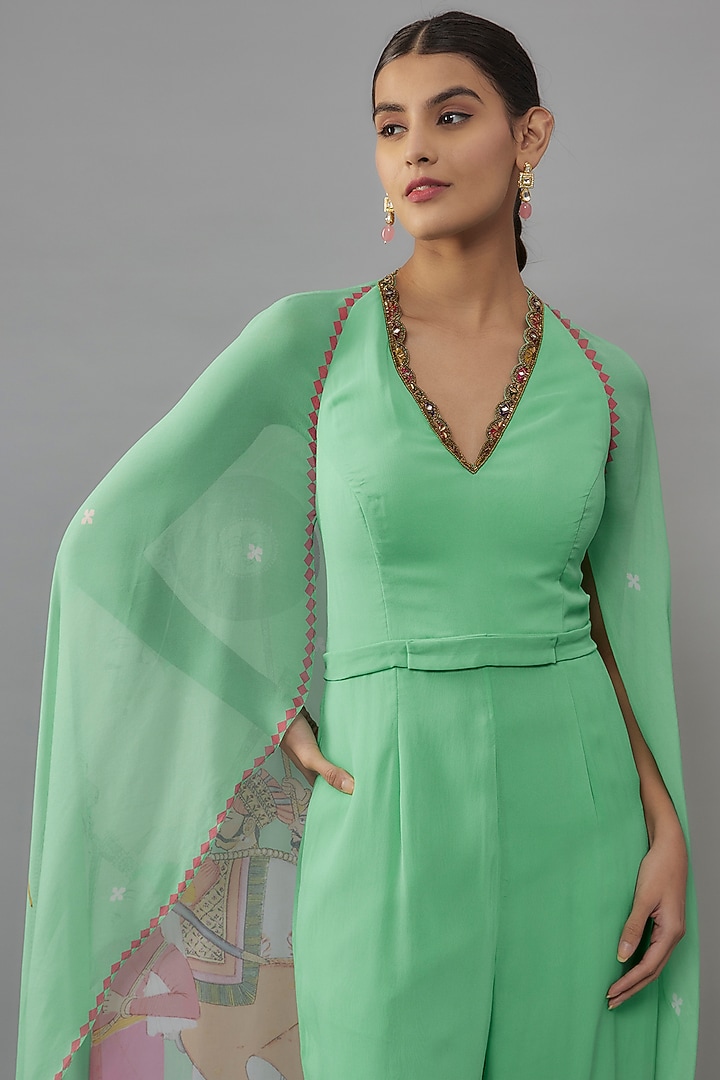 Aqua Georgette Hand Embroidered Jumpsuit by Rajat Tangri at Pernia's Pop Up Shop