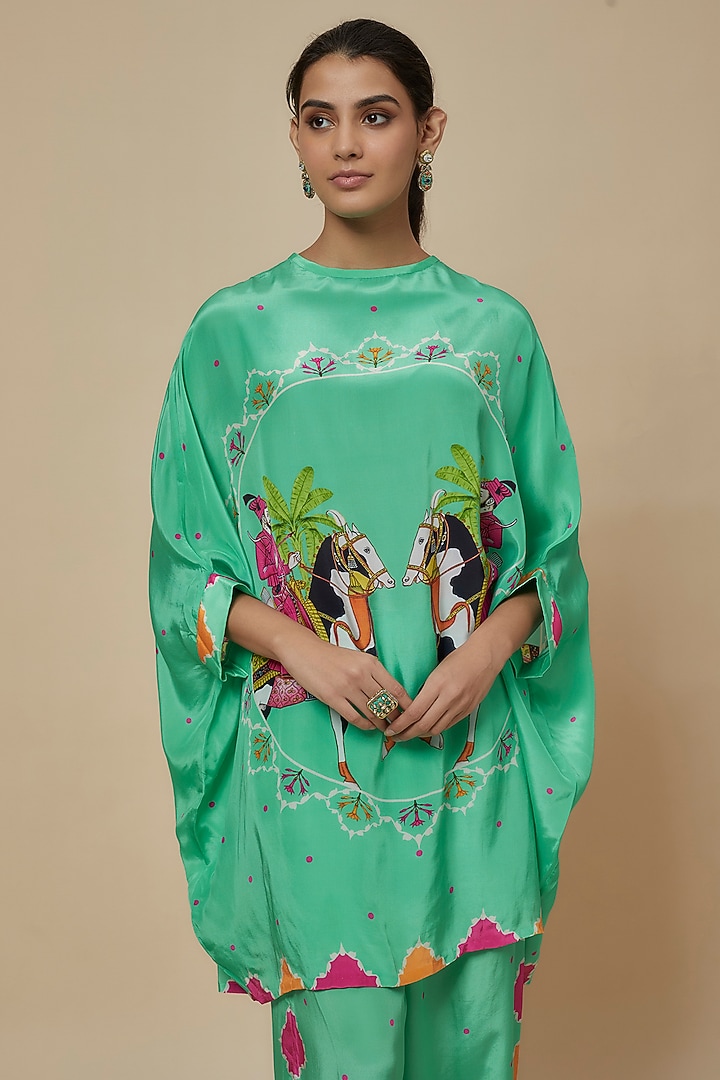 Aqua Crepe Hand Embroidered Kaftan Set by Rajat tangri at Pernia's Pop Up Shop