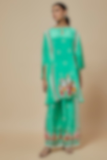 Aqua Crepe Hand Embroidered Kaftan Set by Rajat tangri at Pernia's Pop Up Shop