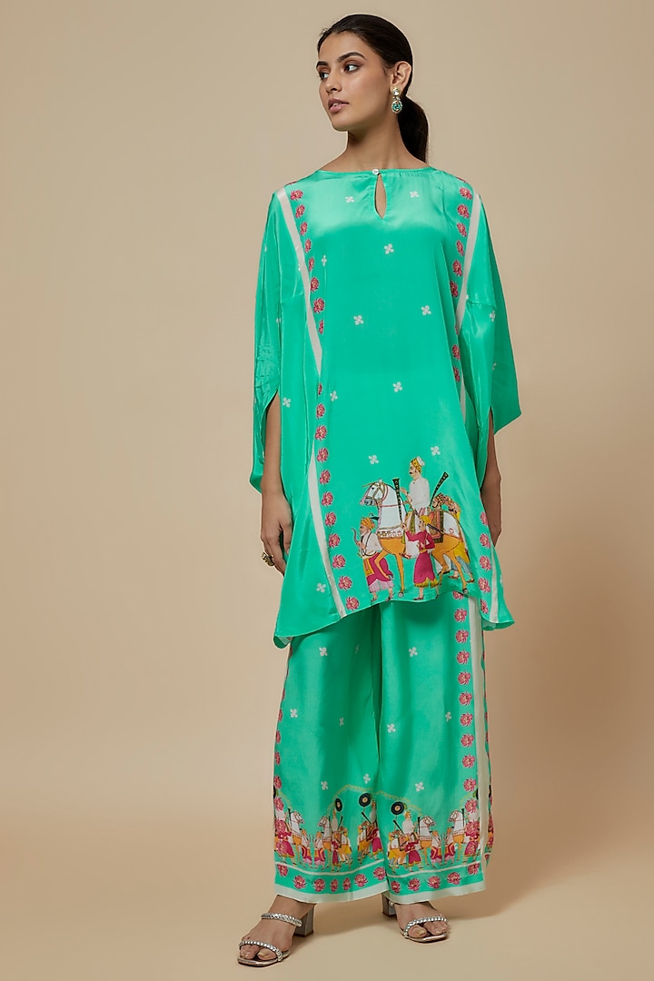 Aqua Crepe Hand Embroidered Kaftan Set by Rajat tangri at Pernia's Pop Up Shop