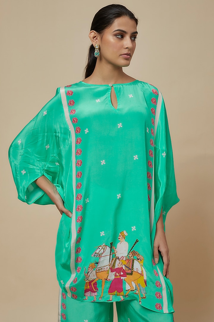 Aqua Crepe Hand Embroidered Kaftan Set by Rajat tangri at Pernia's Pop Up Shop