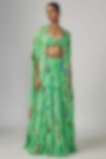 Aqua Georgette Printed & Hand Embroidered Cape Set by Rajat tangri  at Pernia's Pop Up Shop