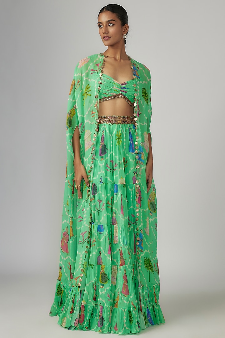 Aqua Georgette Printed & Hand Embroidered Cape Set by Rajat tangri  at Pernia's Pop Up Shop