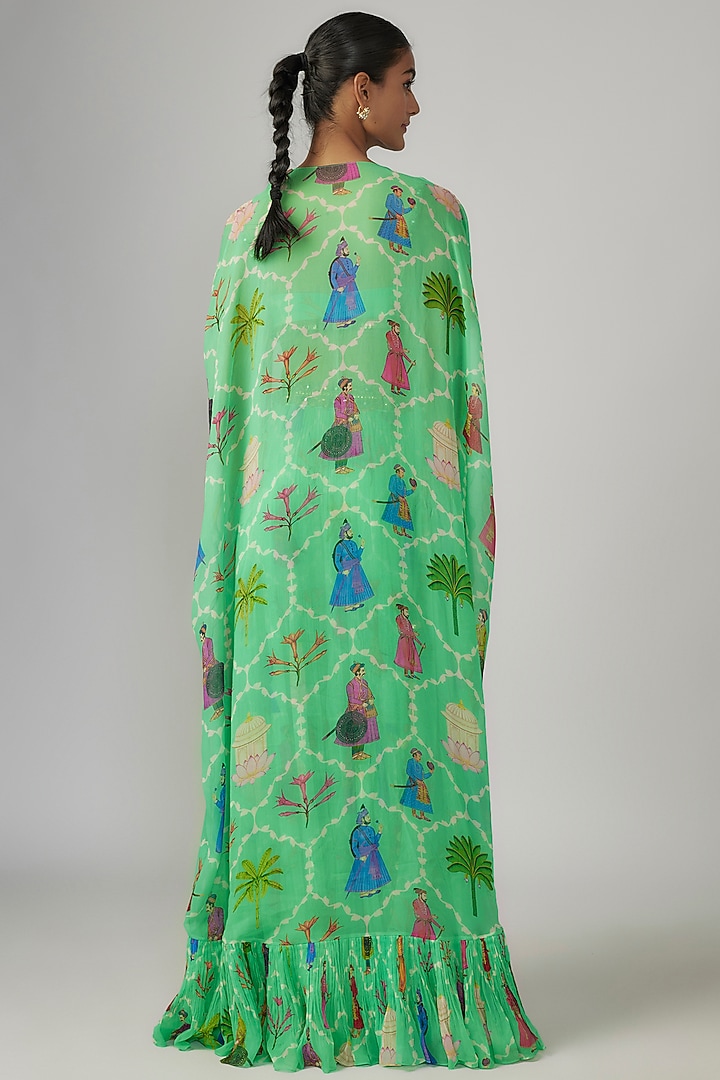 Aqua Georgette Printed & Hand Embroidered Cape Set by Rajat tangri  at Pernia's Pop Up Shop
