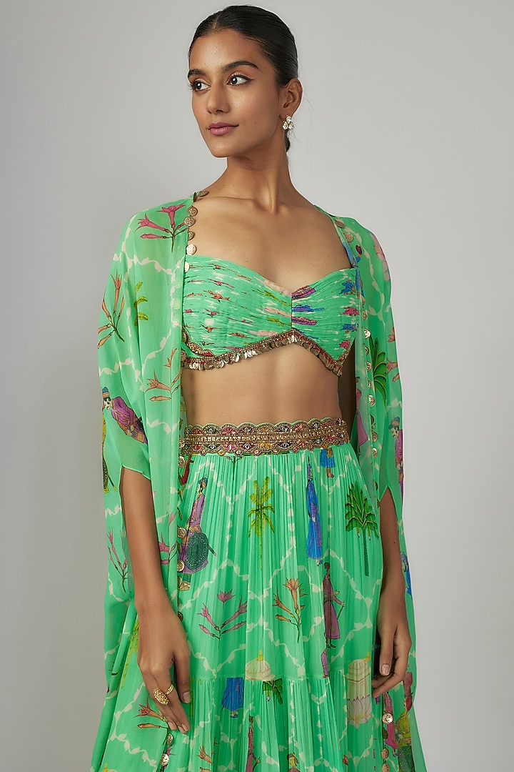 Aqua Georgette Printed & Hand Embroidered Cape Set by Rajat tangri  at Pernia's Pop Up Shop