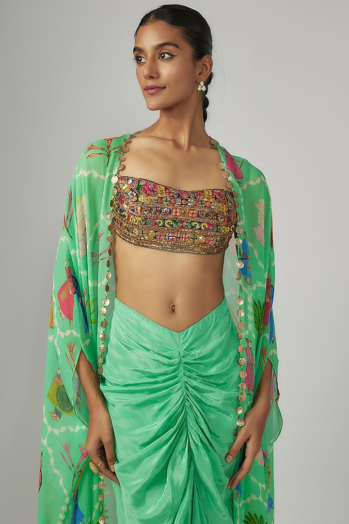 Aqua Crepe & Georgette Printed Cape Set by Rajat tangri  at Pernia's Pop Up Shop