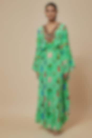 Aqua Crepe Printed & Hand Embroidered Kaftan Jumpsuit by Rajat tangri at Pernia's Pop Up Shop