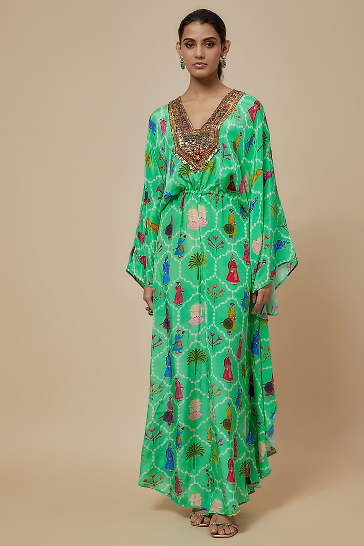 Aqua Crepe Printed & Hand Embroidered Kaftan Jumpsuit by Rajat tangri at Pernia's Pop Up Shop