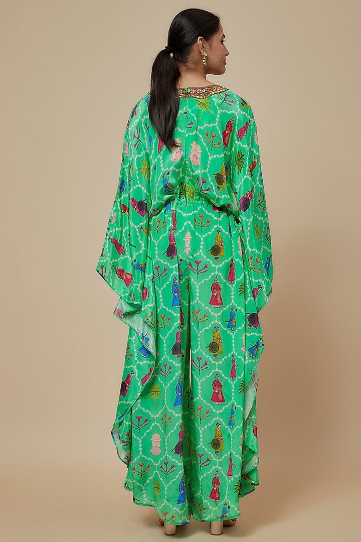 Aqua Crepe Printed & Hand Embroidered Kaftan Jumpsuit by Rajat tangri at Pernia's Pop Up Shop