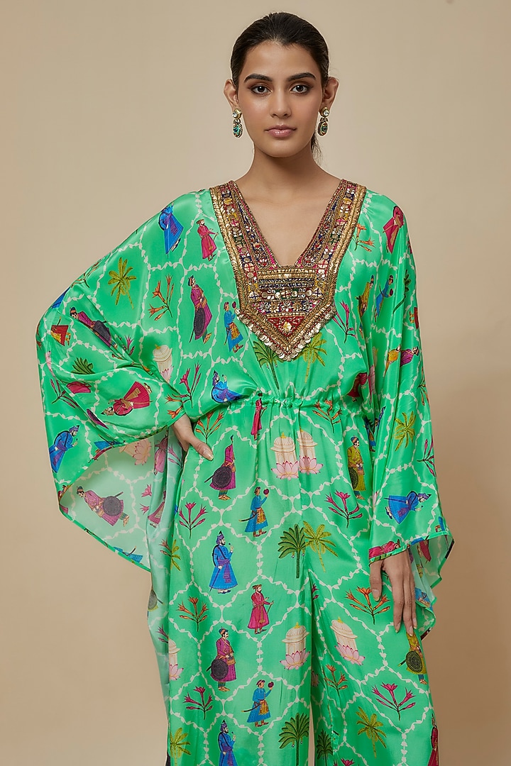 Aqua Crepe Printed & Hand Embroidered Kaftan Jumpsuit by Rajat tangri at Pernia's Pop Up Shop
