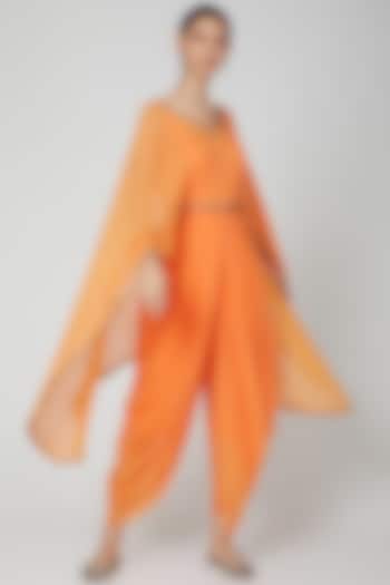Orange Embroidered Jumpsuit With Cape by Rajat tangri 