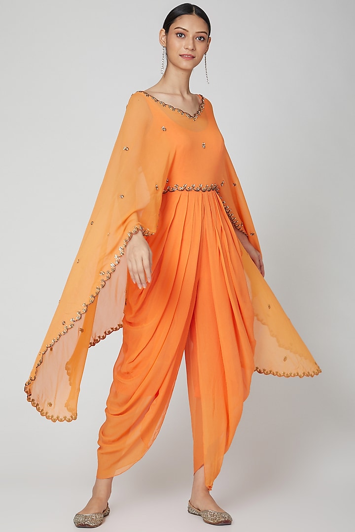 Orange Embroidered Jumpsuit With Cape by Rajat tangri 