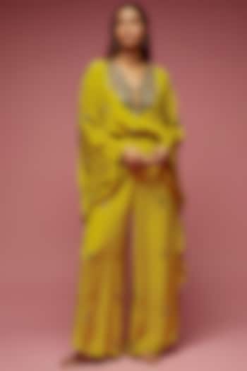 Mustard Crepe Hand Embroidered Jumpsuit by Rajat tangri 