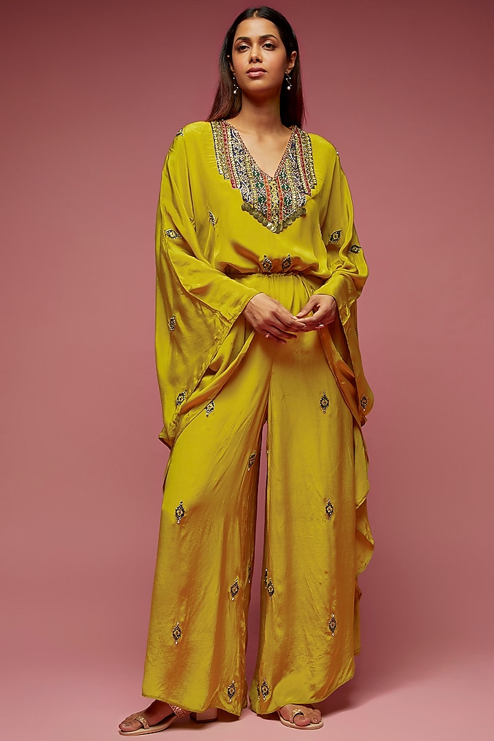 Mustard Crepe Hand Embroidered Jumpsuit by Rajat tangri 
