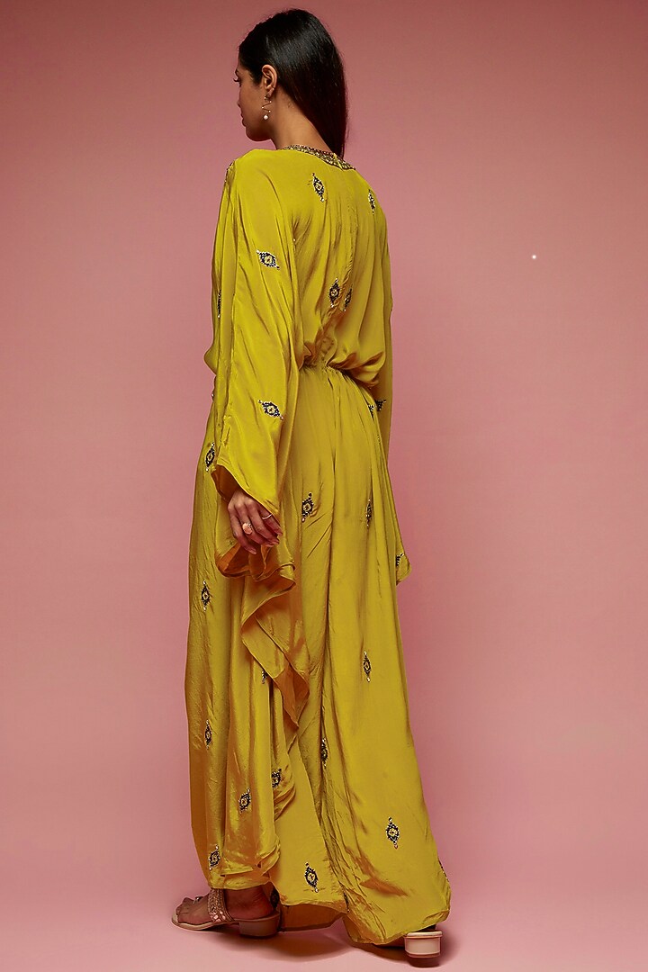 Mustard Crepe Hand Embroidered Jumpsuit by Rajat tangri  at Pernia's Pop Up Shop