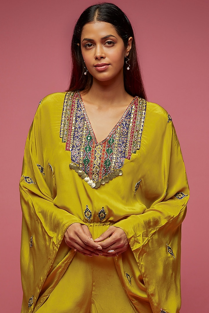 Mustard Crepe Hand Embroidered Jumpsuit by Rajat tangri  at Pernia's Pop Up Shop