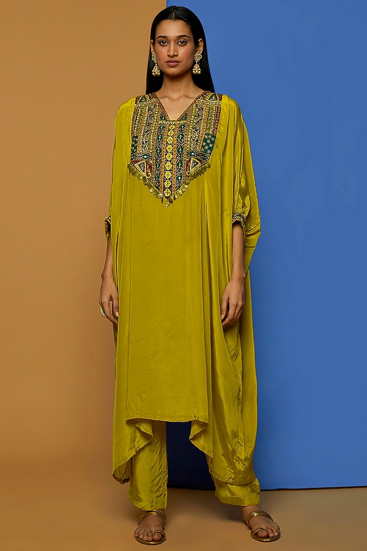 Mustard Hand Embroidered Kaftan Set by Rajat tangri  at Pernia's Pop Up Shop