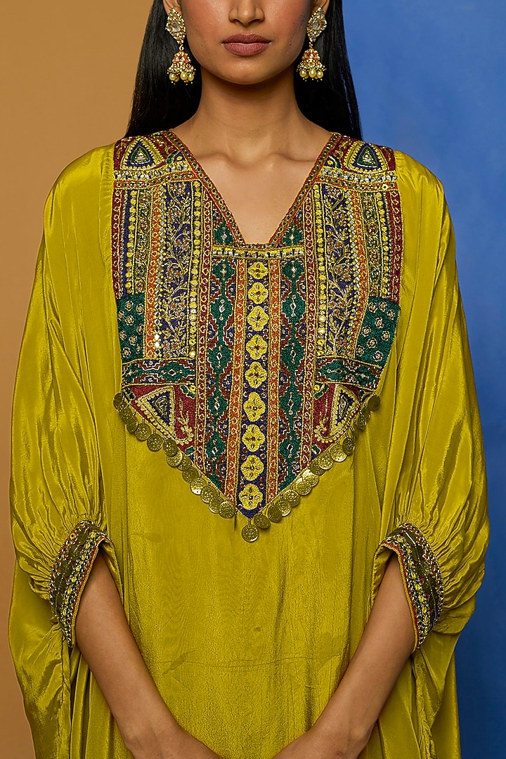Mustard Hand Embroidered Kaftan Set by Rajat tangri  at Pernia's Pop Up Shop
