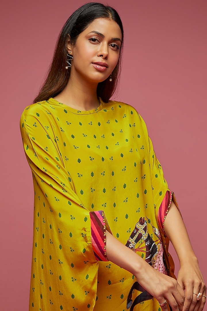Mustard Crepe Kaftan Set by Rajat tangri at Pernia's Pop Up Shop