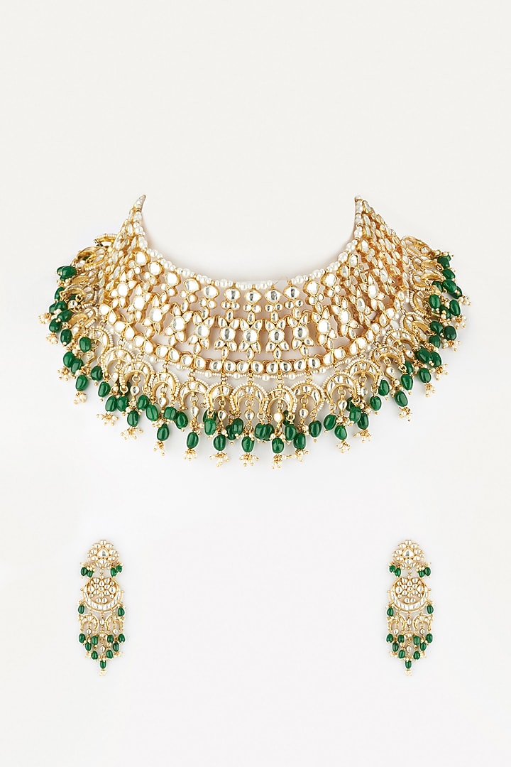 Gold Plated Kundan Polki Chandbali Necklace Set by Riana Jewellery at Pernia's Pop Up Shop