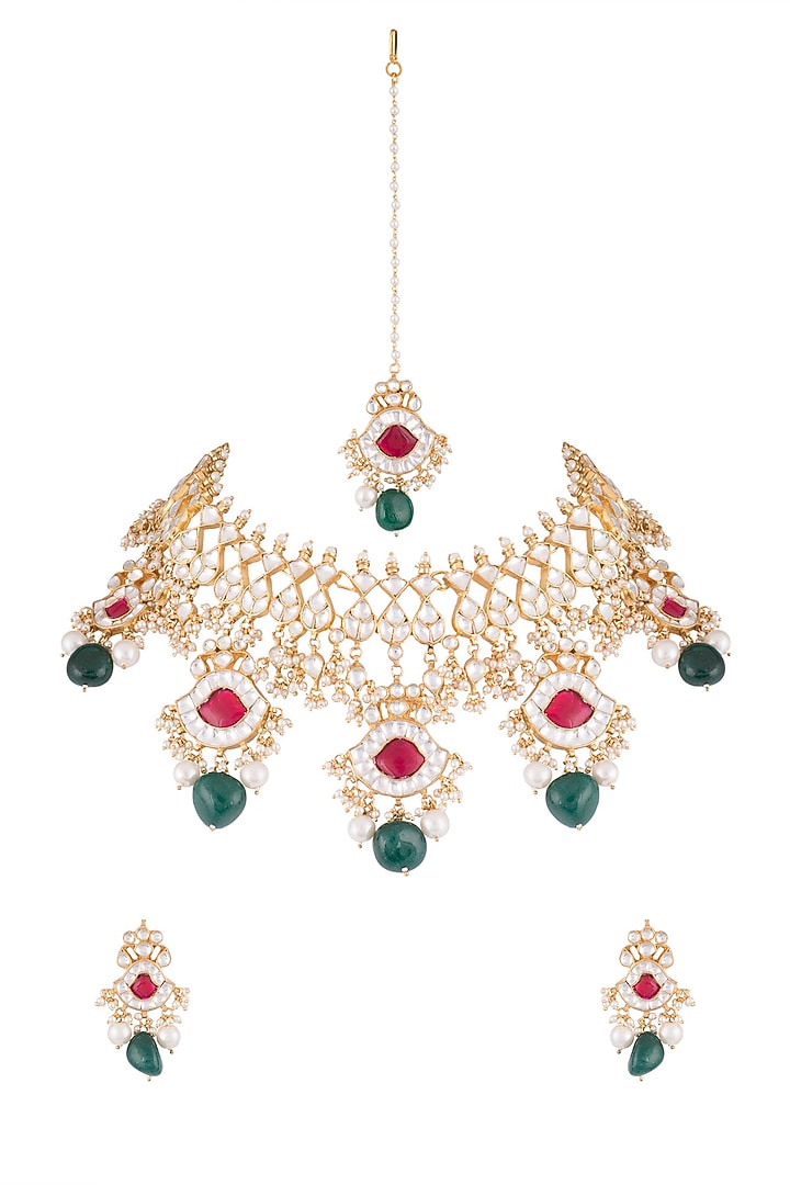 22Kt Gold Plated Emerald & Pink Stone Necklace Set by Riana Jewellery at Pernia's Pop Up Shop