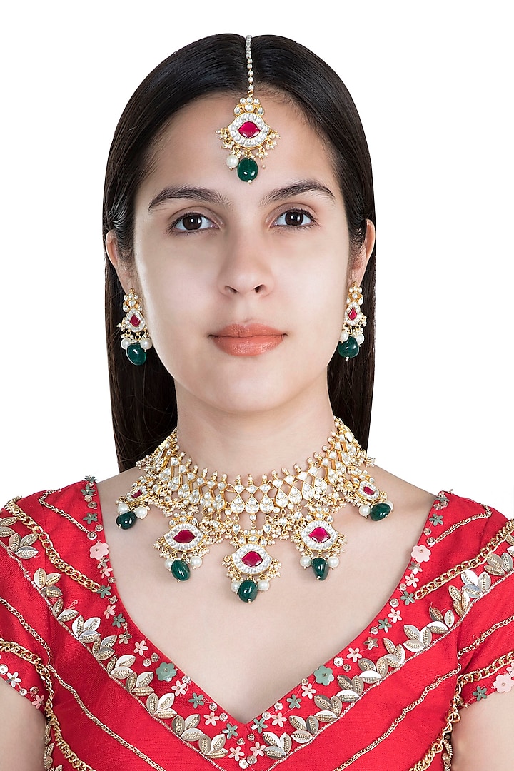 22Kt Gold Plated Emerald & Pink Stone Necklace Set by Riana Jewellery