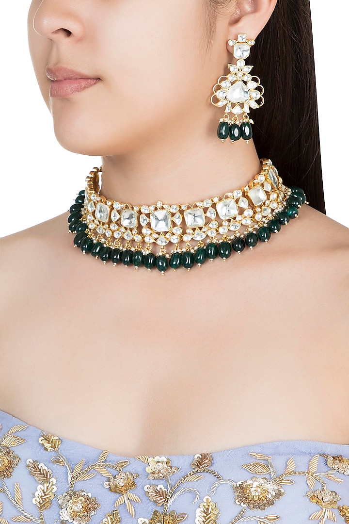 22Kt Gold Plated Emerald Bead & Pearl Necklace Set by Riana Jewellery