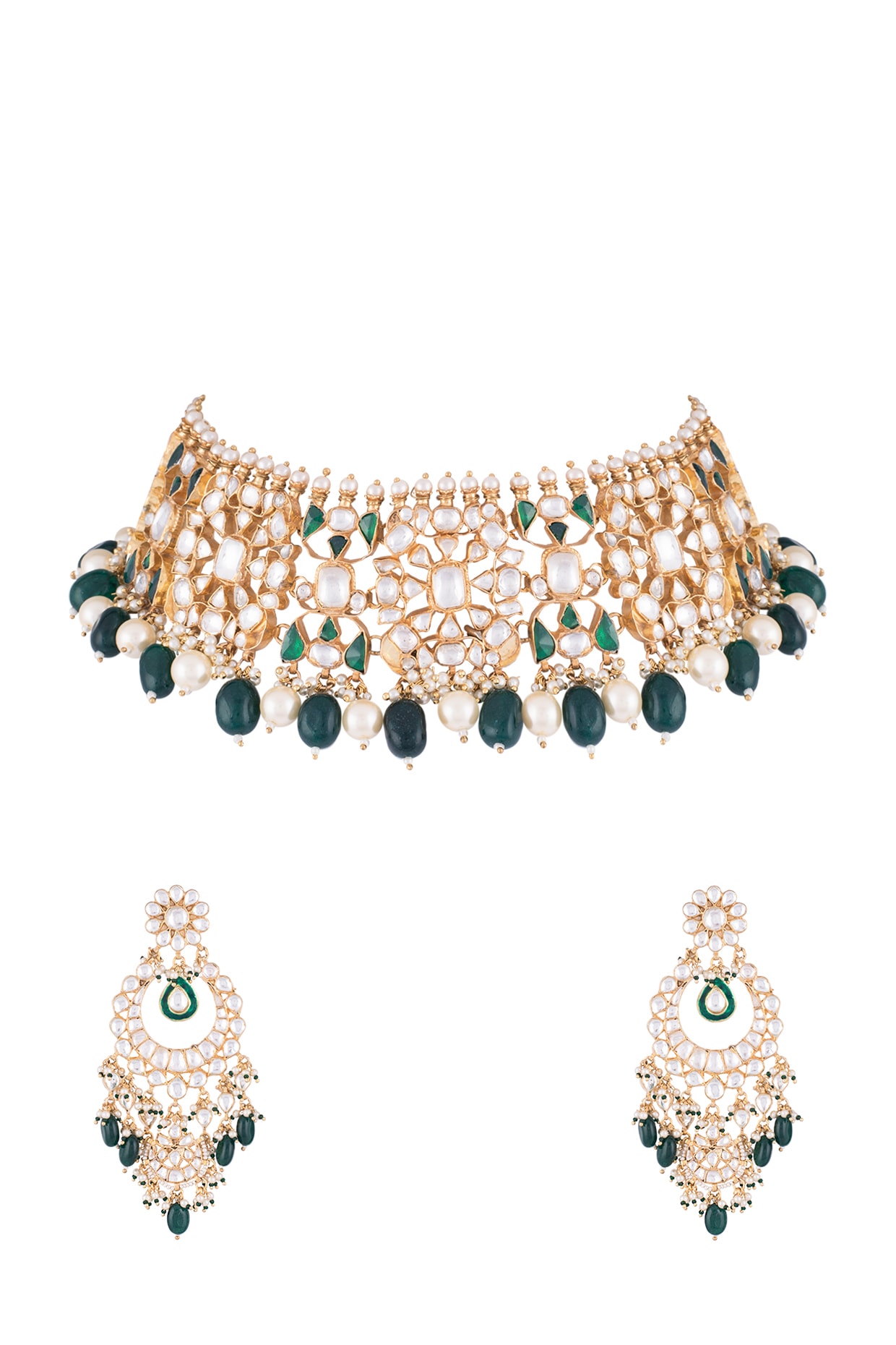 22Kt Gold Plated Emerald \u0026 Pearl Choker 