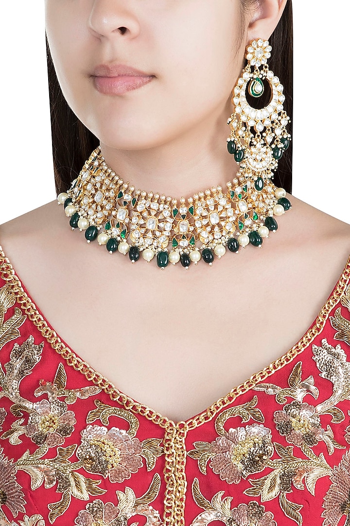 22Kt Gold Plated Emerald & Pearl Choker Necklace Set by Riana Jewellery