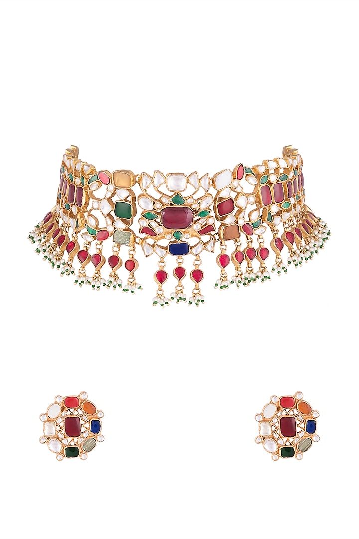 22Kt Gold Plated Navratna Necklace Set by Riana Jewellery at Pernia's Pop Up Shop