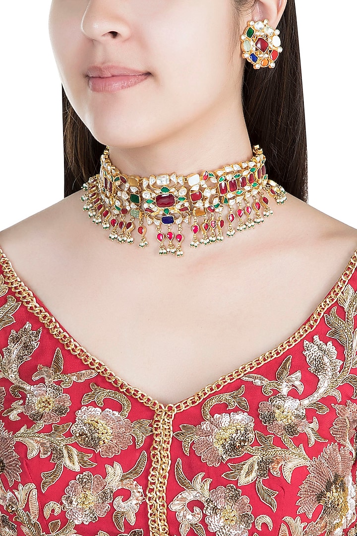 22Kt Gold Plated Navratna Necklace Set by Riana Jewellery