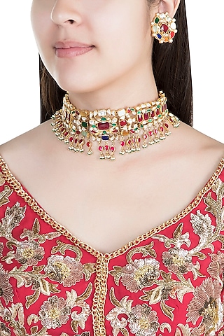 22Kt Gold Plated Navratna Necklace Set by Riana Jewellery