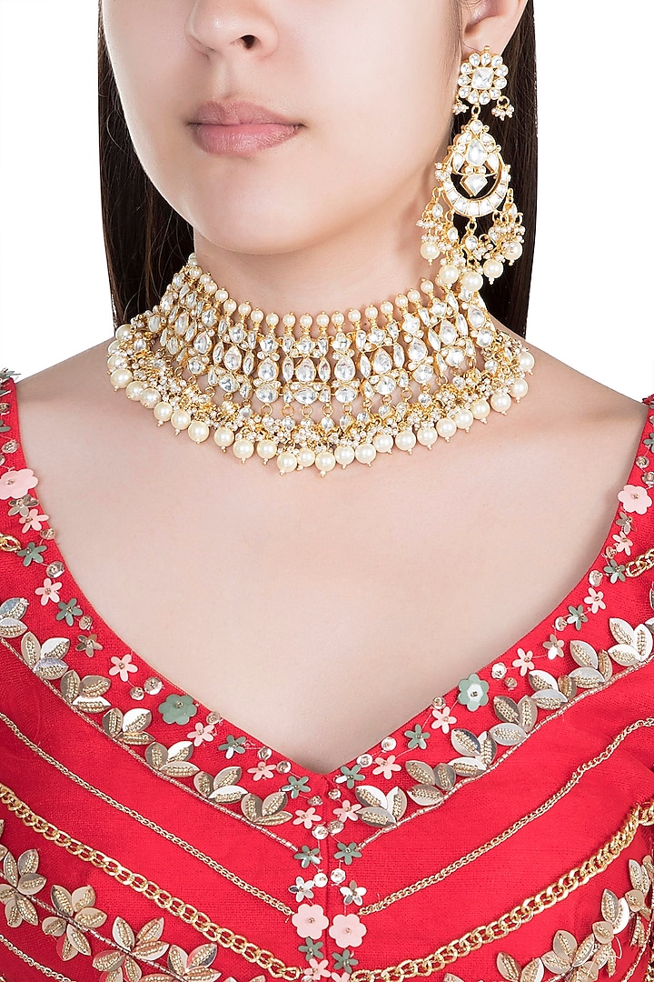 22Kt Gold Plated Jadtar Stone & Pearl Necklace Set by Riana Jewellery