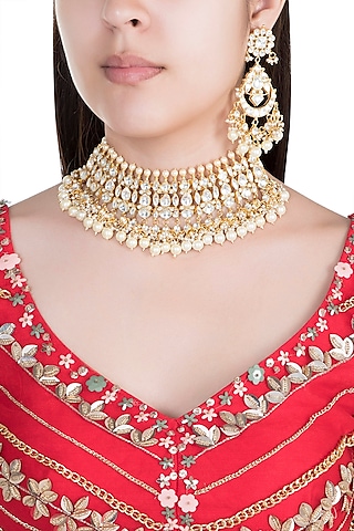 22Kt Gold Plated Jadtar Stone & Pearl Necklace Set by Riana Jewellery